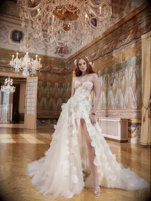 Model poses in wedding gown