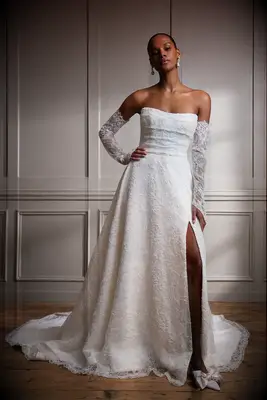 Model poses in wedding gown