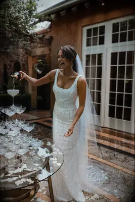 Model poses in wedding gown