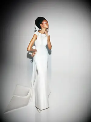 Model poses in wedding gown