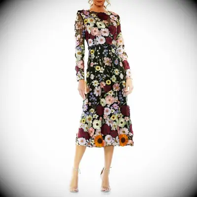 Embroidered floral cocktail dress for guest at Catholic wedding