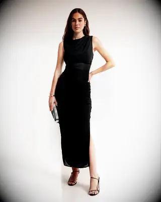 Abercrombie black high-neck dress for guest at Catholic wedding