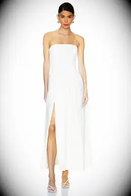 Strapless midi length white dress with leg slit