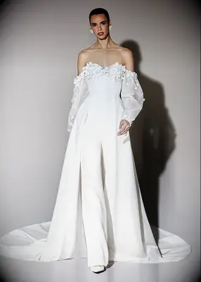 Justin Alexander crepe bridal jumpsuit with 3D flowers