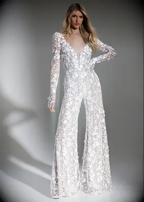 Pnina Tornai for Kleinfeld bridal jumpsuit with 3D lace flowers