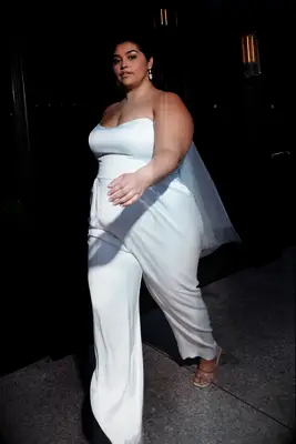 Jenny Yoo strapless satin bridal jumpsuit