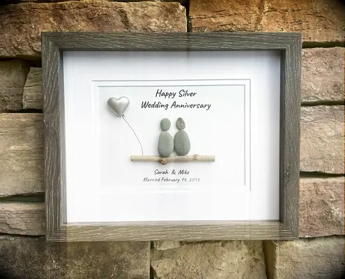 Silver pebble art from JoyfulPebbleArt on Etsy for the best 25th wedding anniversary gift