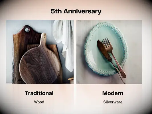 Fifth wedding anniversary traditional gift wood and modern gift silverware