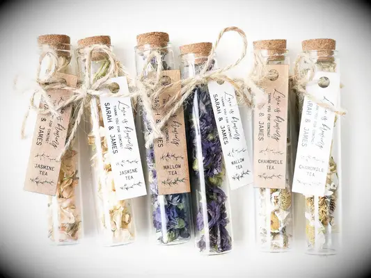 Loose-leaf tea in glass test tubes rustic wedding favor idea