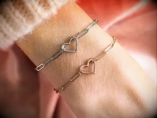 Silver and rose gold matching couples bracelets with heart charm