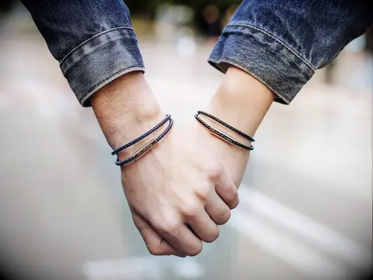 Black braided leather rope with engraved stainless steel clasp relationship bracelet