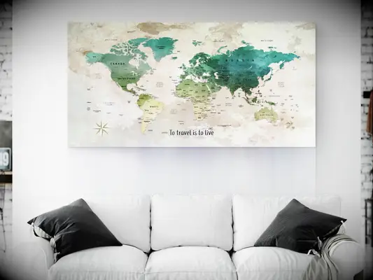Green and blue world map with pushpins gift for wife