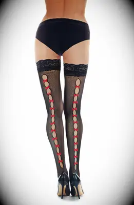 Black fishnet stockings with red bows