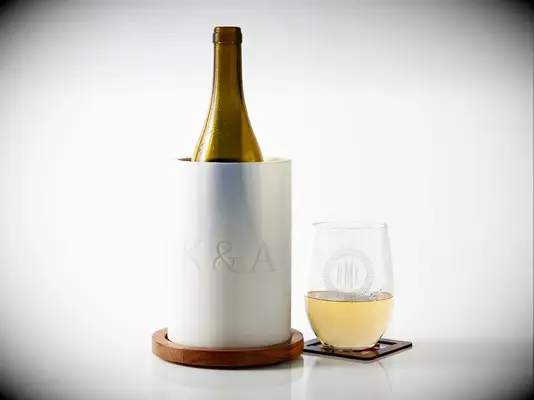 Engraved marble and wood wine chiller wedding gift idea