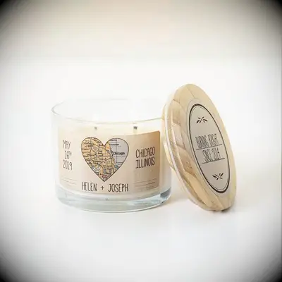 Personalized anniversary candle with date, name, and wedding location for couples