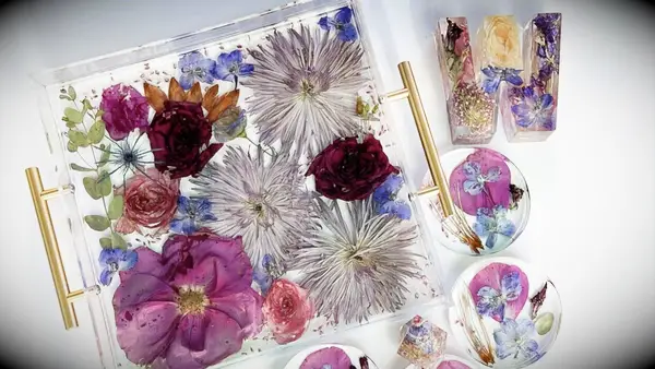 Tea tray resin preserved wedding flowers