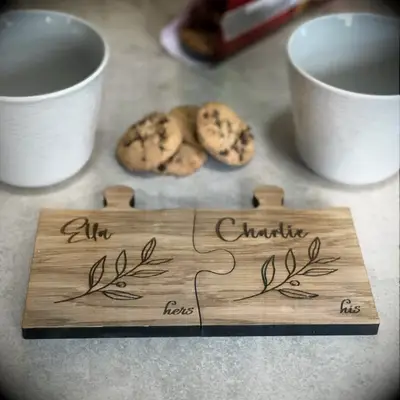 His and hers personalized wooden puzzle piece coasters
