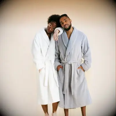 Couple wearing matching cozy bathrobes in white and gray