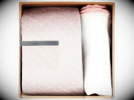 Tie bar, tie and pocket square groomsmen gift set