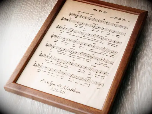 Leather sheet music with wood frame three-year anniversary gift