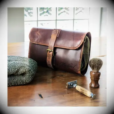 Personalized leather toiletry bag