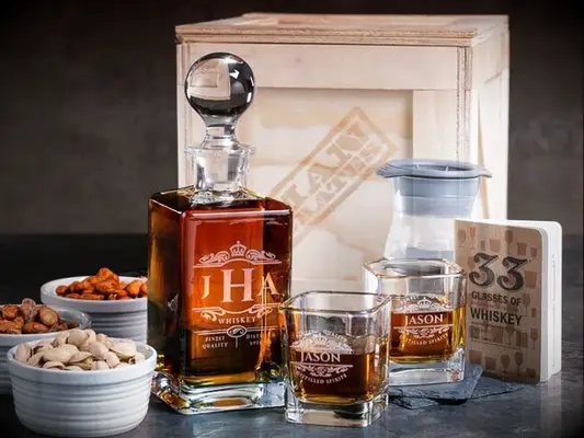 Man Crates personalized whiskey decanter and glasses gift for groom from mother or father