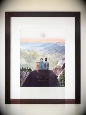 Custom illustration of son and new spouse at national park gift on wedding day from parents