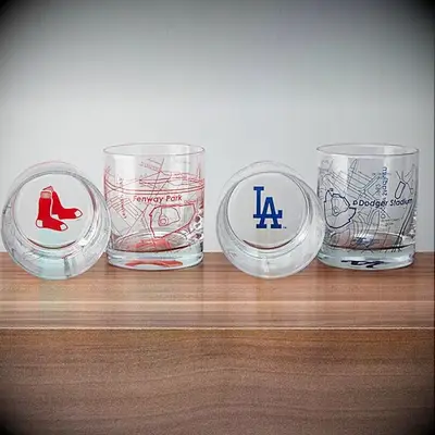 Glasses decorated with overhead maps of MLB stadiums