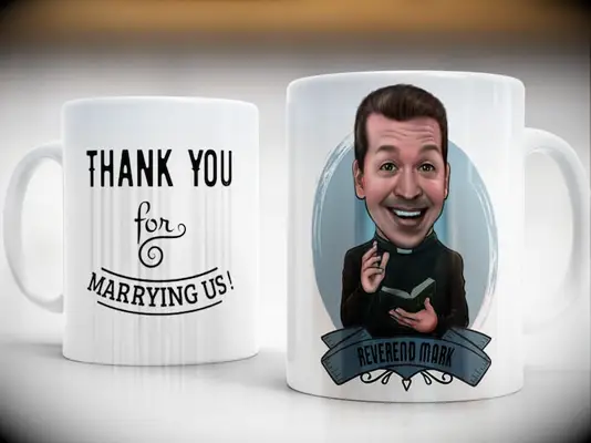 Coffee mug with caricature of an officiant and the message 