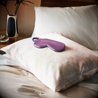 Purple silk eye mask on top of a pillow on a bed 12 year anniversary gift