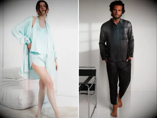 Man and woman wearing silk loungewear 12 year anniversary gift