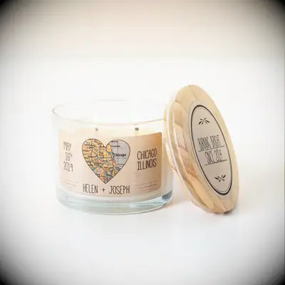 Anniversary map candle with wooden lid