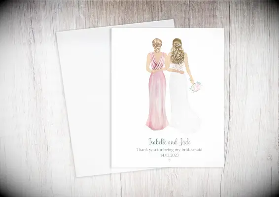 Custom illustration of bride and bridesmaid bridesmaid thank you card