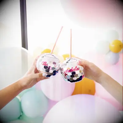 Disco ball drinkware personalized with names in pink 