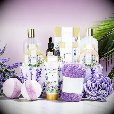 Spa gift set with various lavender scented products. 