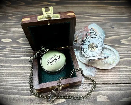 Engraved pocket watch for groom from groomsman