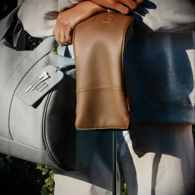 Brown leather golf driver cover debossed with initials best man gift