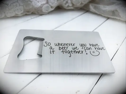 Credit card bottle opener with personalized handwriting thank-you gift for best man