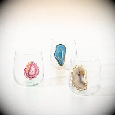 Stemless wine glasses with pieces of agate from Uncommon Goods