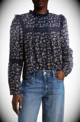 Dark blue floral top with lace trim from Nordstrom
