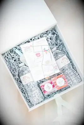 Box with water bottles and candy for wedding welcome gift