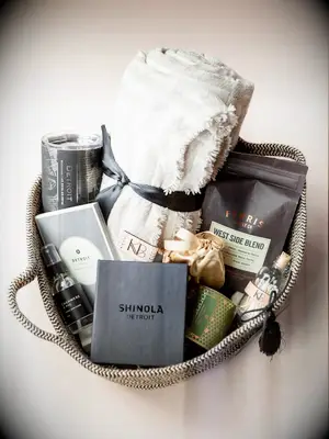 Gift bag with luxurious toiletries for wedding welcome gift