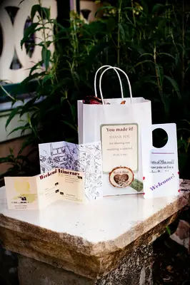 Itinerary and travel guide gift baskets for wedding guests. 