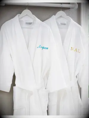 White terry cloth cotton robes with embroidered name engagement gift from parents