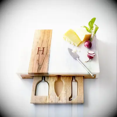 Monogrammed wood and cheese marble set from Mark & Graham. 
