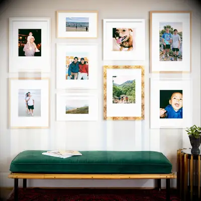 Gallery wall displays a collection of treasured photos. 