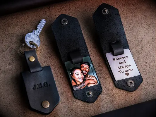 Leather keychain with photo picture gift idea