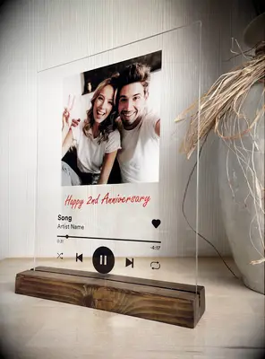 Clear customizable photo frame displays a photo of a smiling couple. 