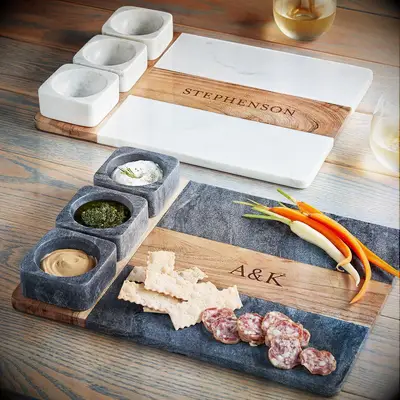 Engraved wood and stone serving platter