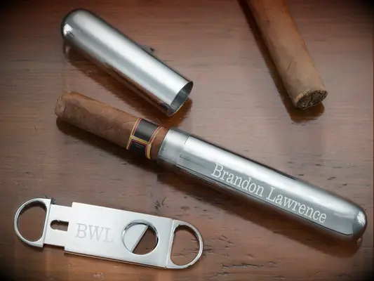Engraved cigar case and monogrammed cutter groomsmen proposal gift idea